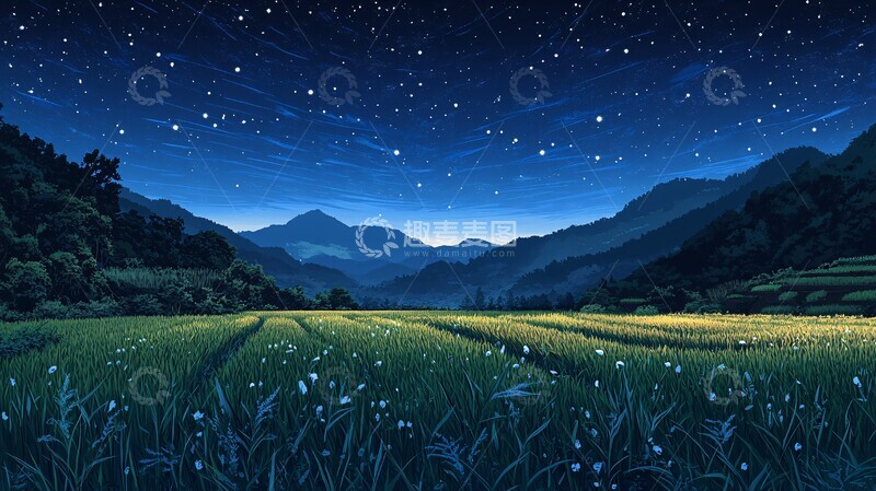 高清大图下载【趣麦麦图】稻田夜色星光图1