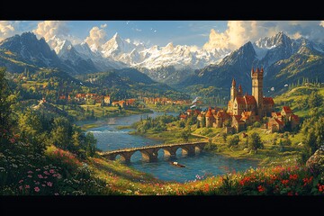 山坡花树桥河流1