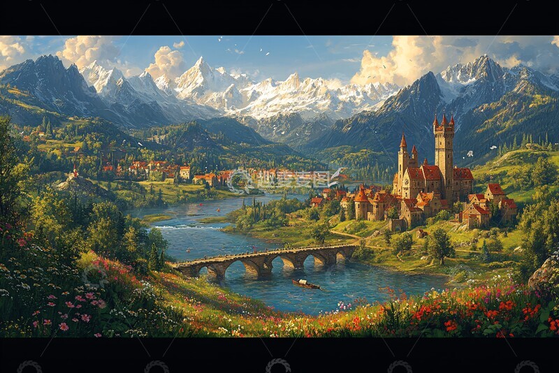 高清大图下载【趣麦麦图】山坡花树桥河流1