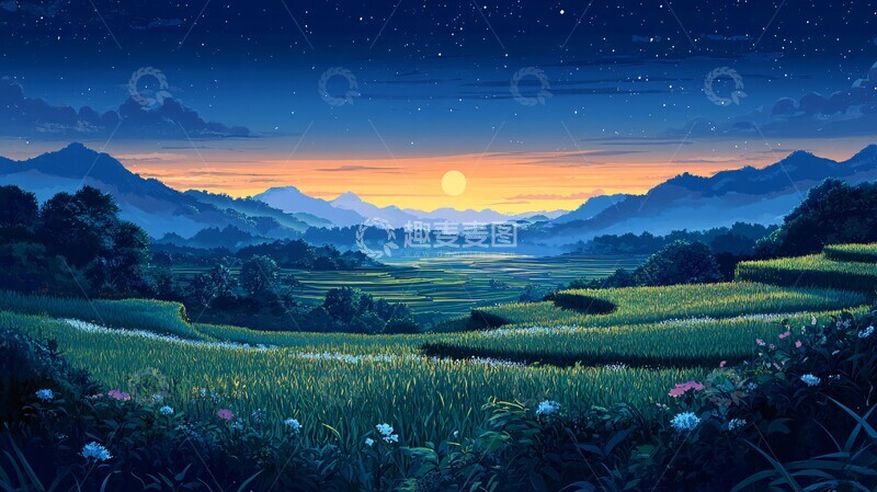高清大图下载【趣麦麦图】稻田夜色星光图2