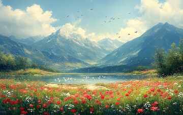 山川春色图山川河流沙滩1