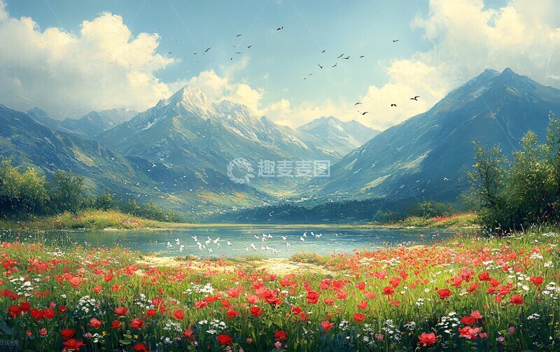 高清大图下载【趣麦麦图】山川春色图山川河流沙滩1