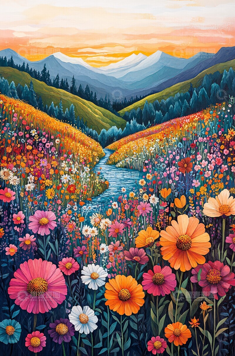 高清大图下载【趣麦麦图】山花河流图山脉花朵草地1