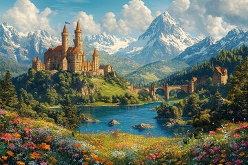 山坡花树桥河流2