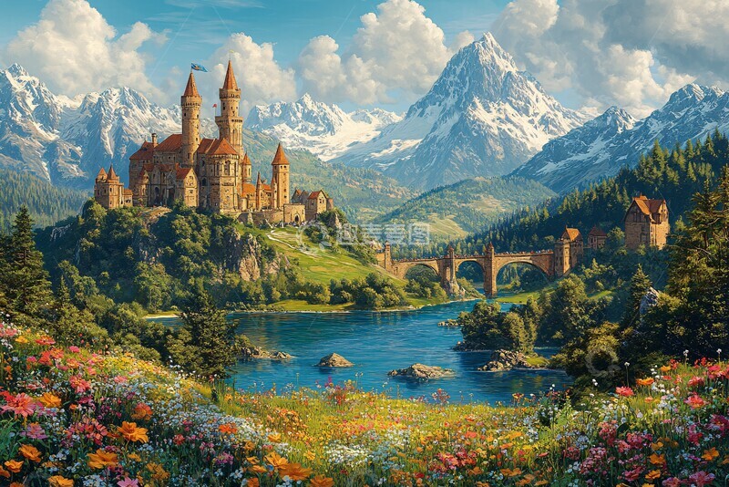 高清大图下载【趣麦麦图】山坡花树桥河流2