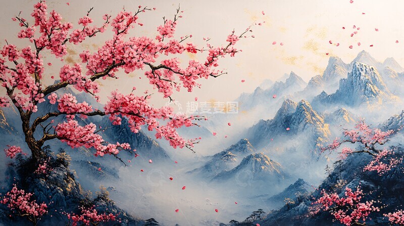 高清大图下载【趣麦麦图】樱花飘落山水间3