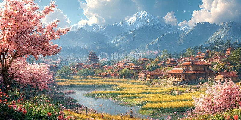 高清大图下载【趣麦麦图】桃树稻田孩童上学2