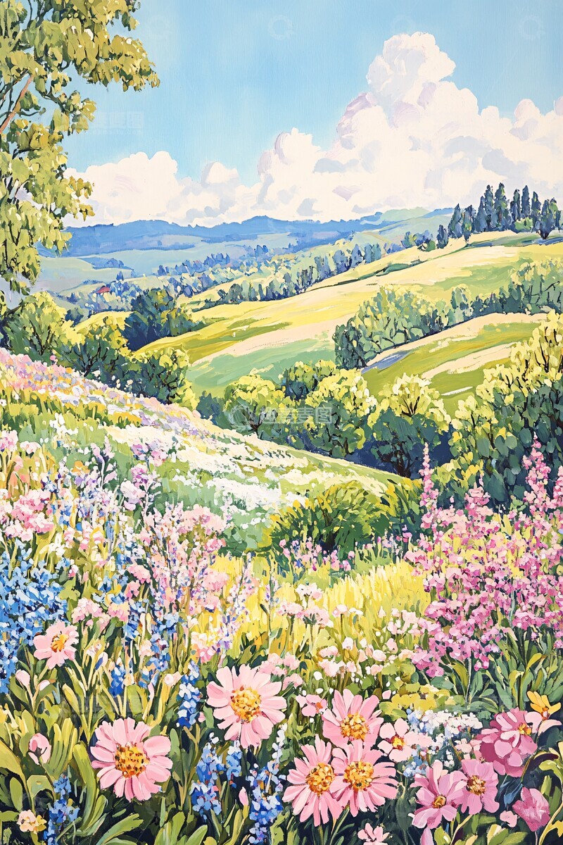 高清大图下载【趣麦麦图】滚动山丘盛开花朵