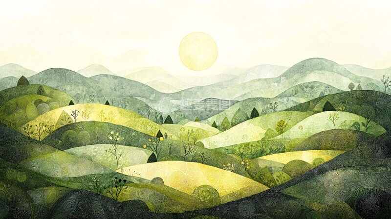 高清大图下载【趣麦麦图】几何图案绿意山景2