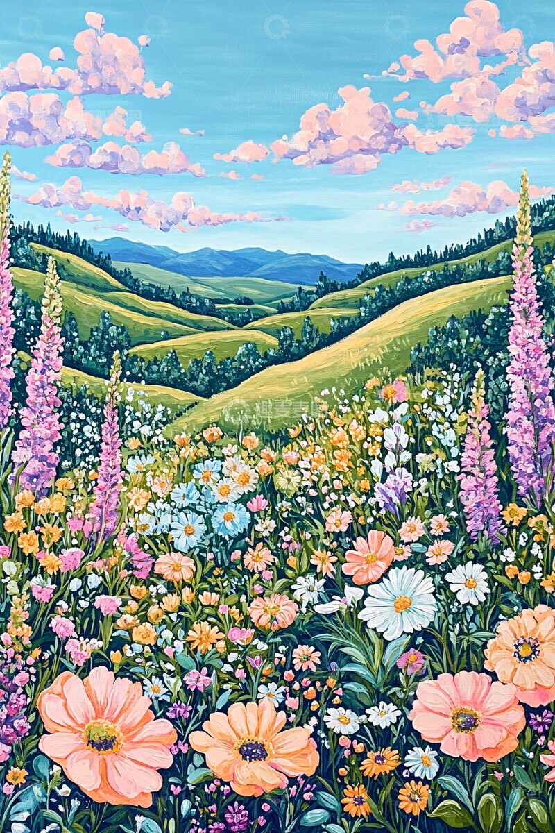 高清大图下载【趣麦麦图】滚动山丘盛开花朵1