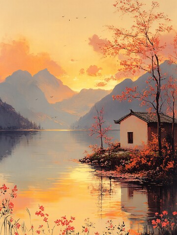 湖畔小屋与夕阳2