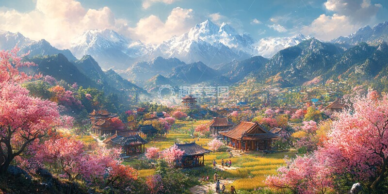 高清大图下载【趣麦麦图】桃树稻田孩童上学1