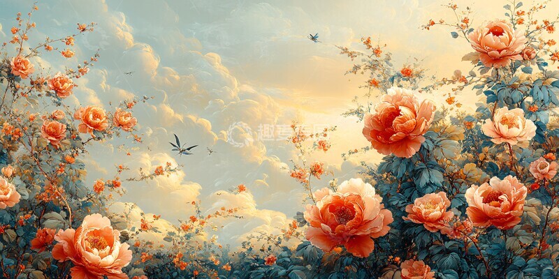 高清大图下载【趣麦麦图】花卉波浪与飞鸟1