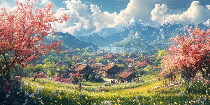 高清大图下载【趣麦麦图】桃树稻田孩童上学