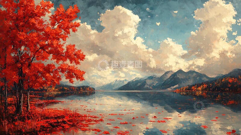 高清大图下载【趣麦麦图】红叶浮云山水画1