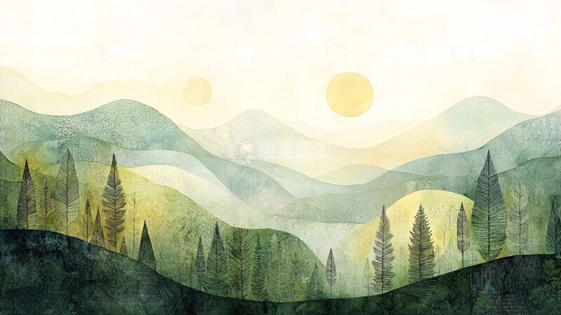 高清大图下载【趣麦麦图】几何图案绿意山景1
