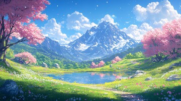 樱花山坡与湖水