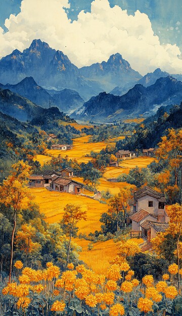 稻田秋色图稻田秋色房屋