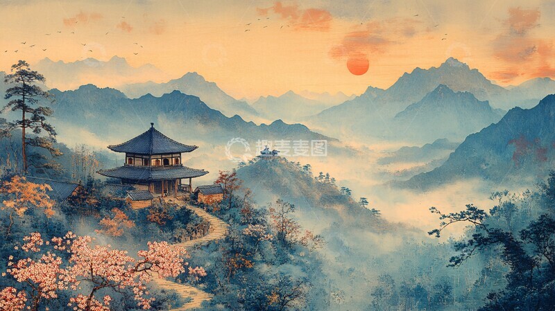 高清大图下载【趣麦麦图】山径樱花暮色寺庙