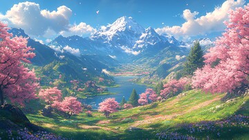 樱花山坡与湖水1