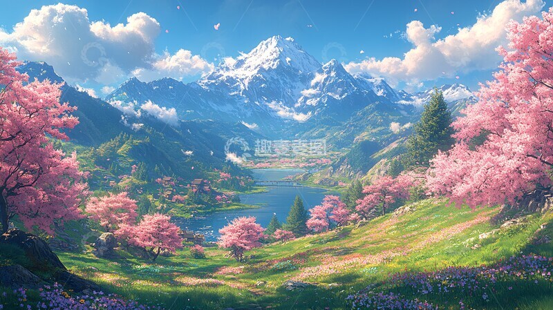 高清大图下载【趣麦麦图】樱花山坡与湖水1