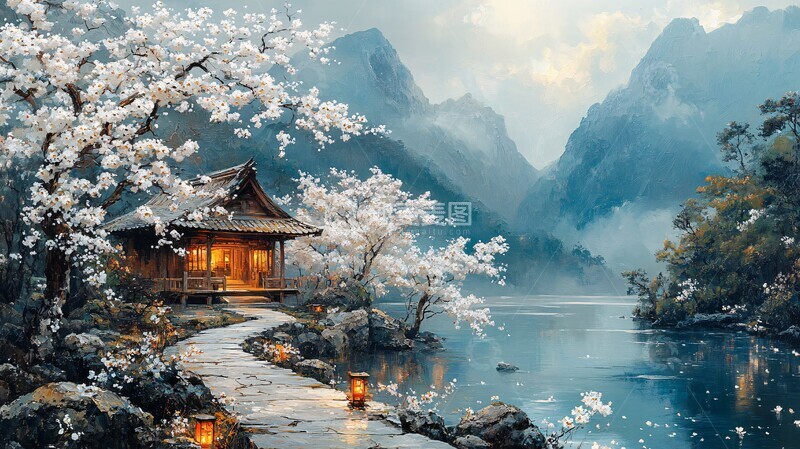 高清大图下载【趣麦麦图】白樱石径木白樱石径樱树