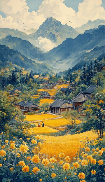 稻田秋色图稻田秋色房屋2