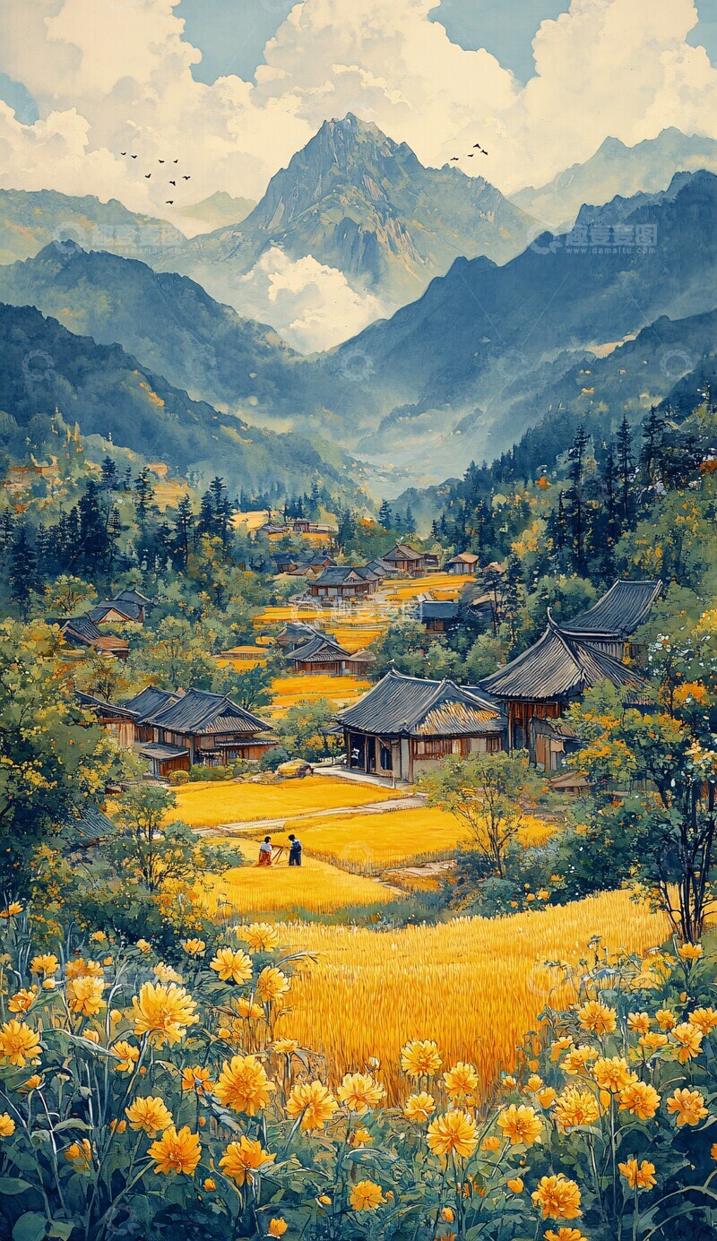 高清大图下载【趣麦麦图】稻田秋色图稻田秋色房屋2