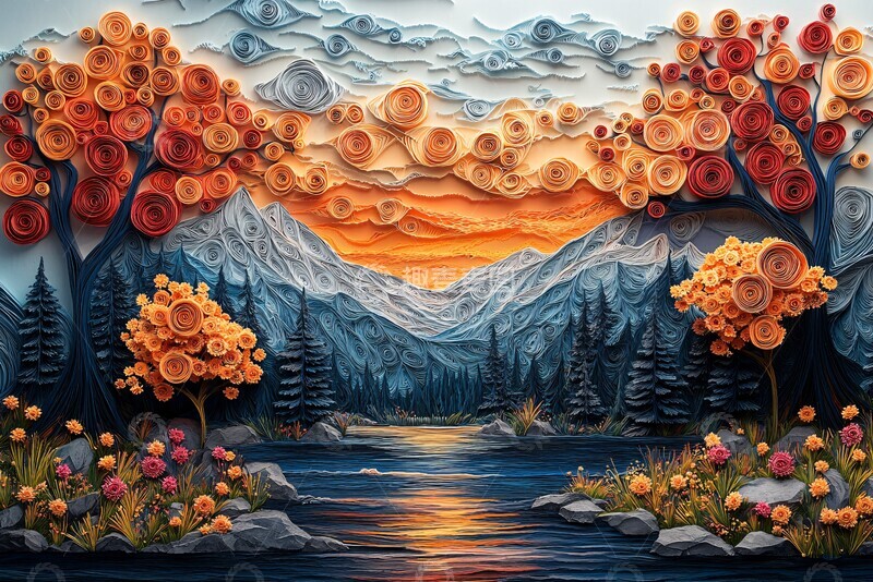 高清大图下载【趣麦麦图】彩色纸艺山景2