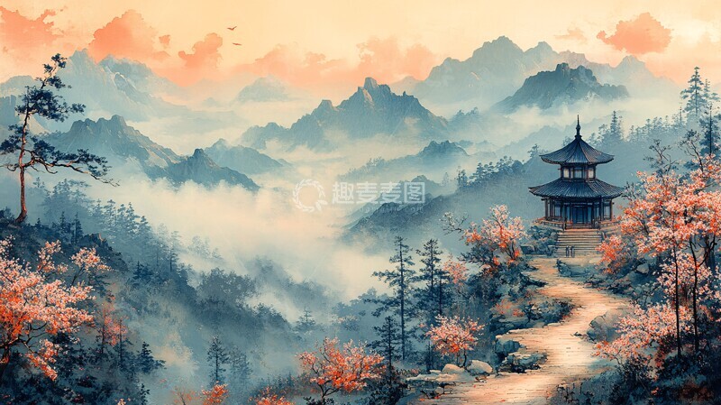 高清大图下载【趣麦麦图】山径樱花暮色寺庙2