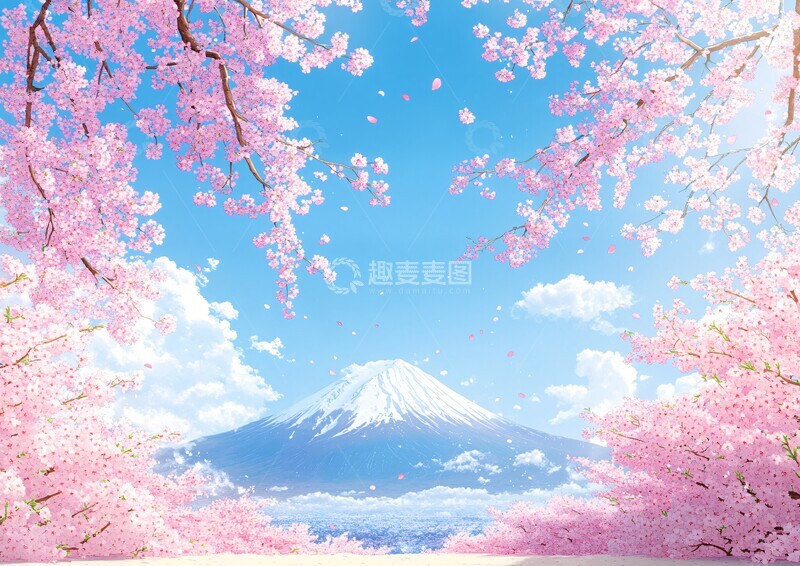 高清大图下载【趣麦麦图】富士山樱雪富士山樱花蓝空2