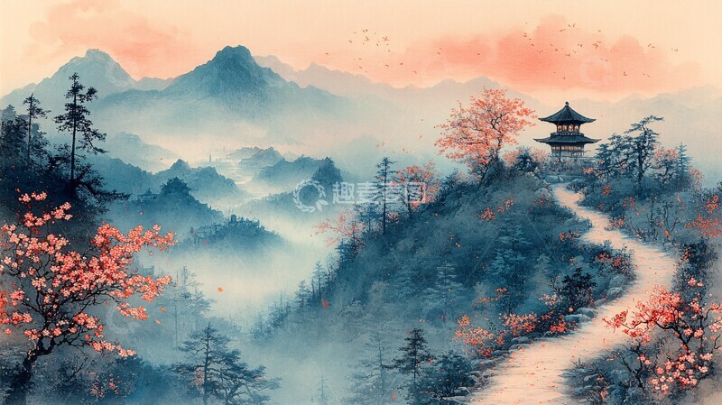 高清大图下载【趣麦麦图】山径樱花暮色寺庙1