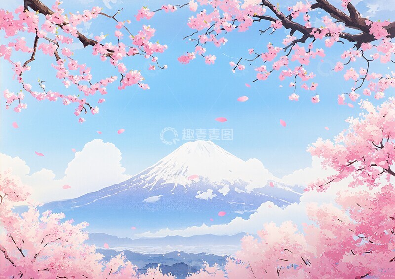 高清大图下载【趣麦麦图】富士山樱雪富士山樱花蓝空