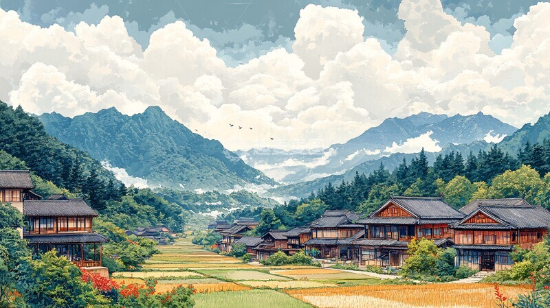 高清大图下载【趣麦麦图】梯田稻景与制酱人2