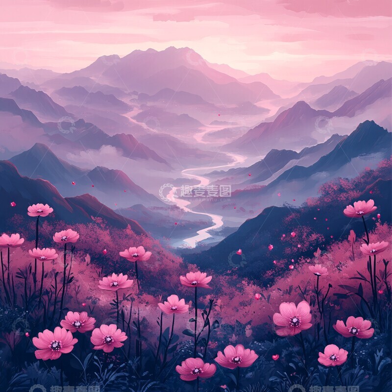 高清大图下载【趣麦麦图】粉花远山云雾图
