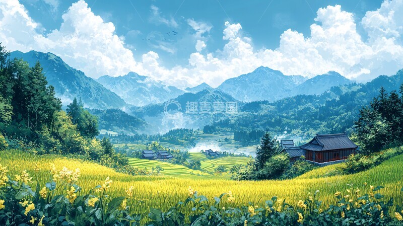 高清大图下载【趣麦麦图】梯田稻景与制酱人1