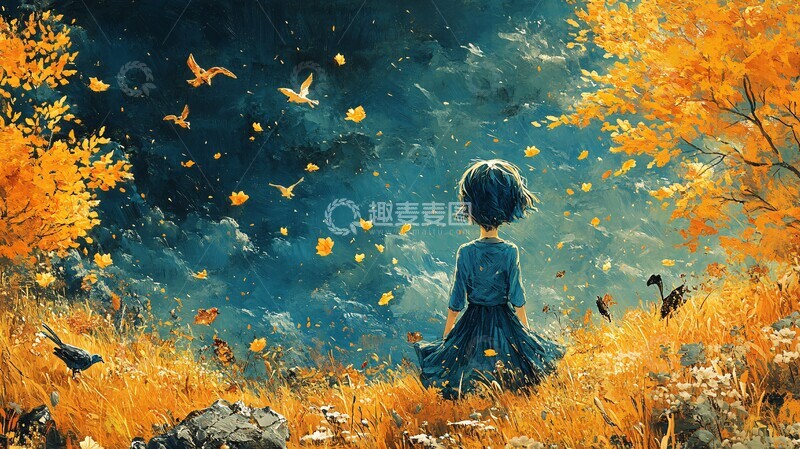 高清大图下载【趣麦麦图】秋山观鸟图秋山观鸟小女2