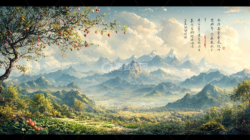 高清大图下载【趣麦麦图】山水果实月夜图