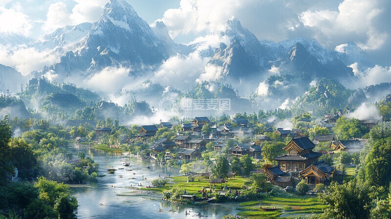 高清大图下载【趣麦麦图】传统村落山水间