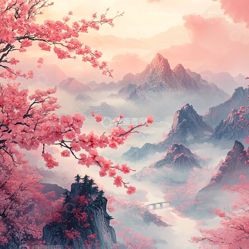 高清大图下载【趣麦麦图】粉花远山云雾图1