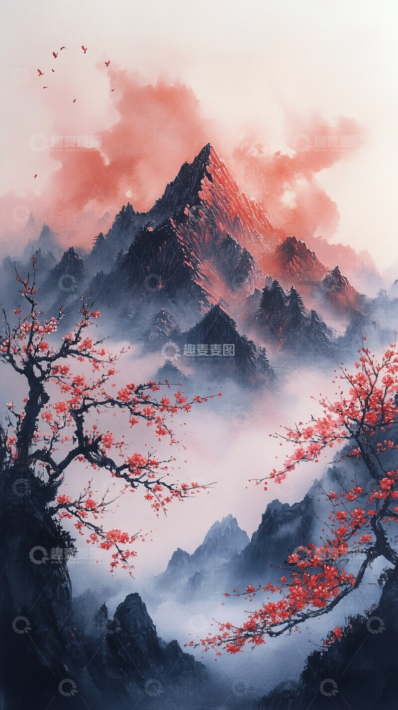 高清大图下载【趣麦麦图】梅花山峰图梅花山峰绘画1