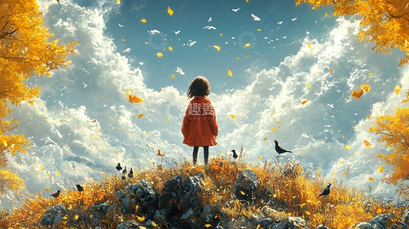 高清大图下载【趣麦麦图】秋山观鸟图秋山观鸟小女