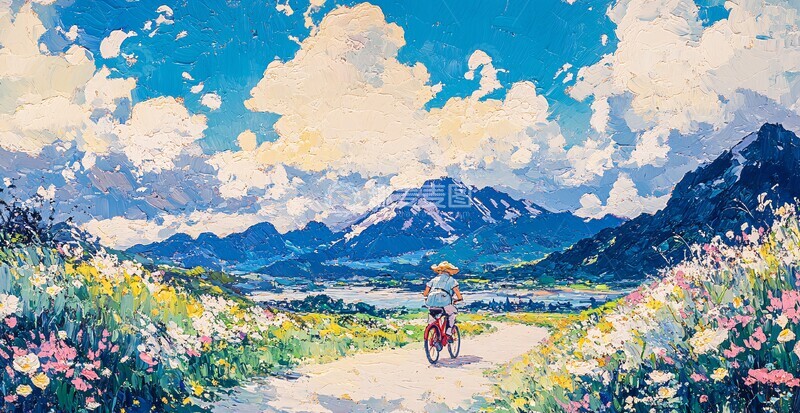 高清大图下载【趣麦麦图】青蛙骑车日出图