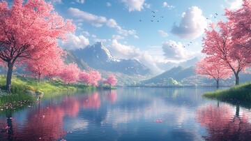 湖畔樱花映山色