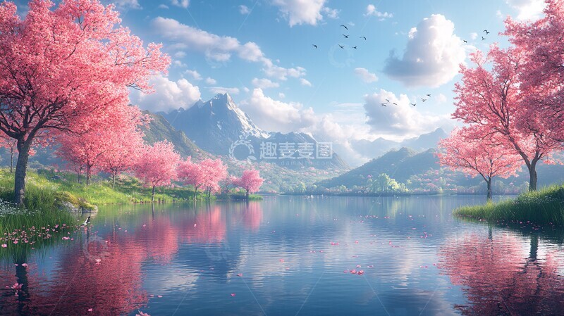高清大图下载【趣麦麦图】湖畔樱花映山色