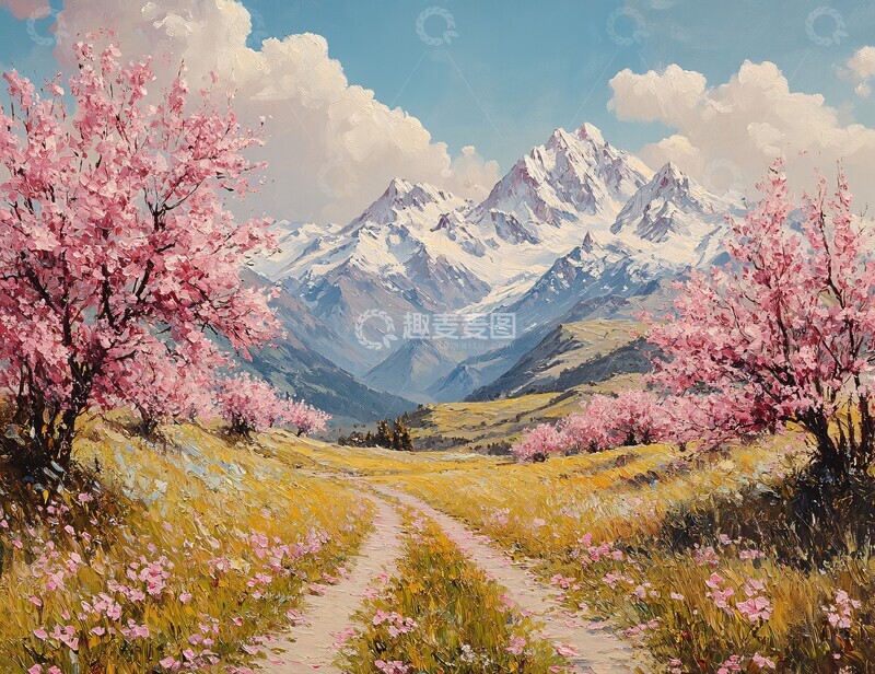 高清大图下载【趣麦麦图】雪山桃花草地2