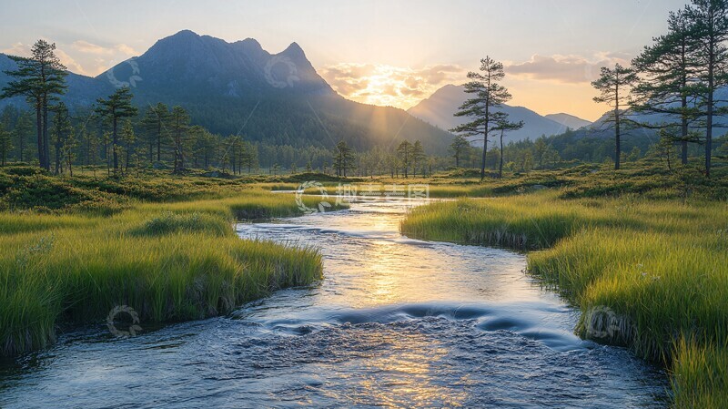 高清大图下载【趣麦麦图】绿地河流与山林