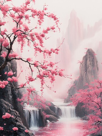 山岩溪流桃花图1