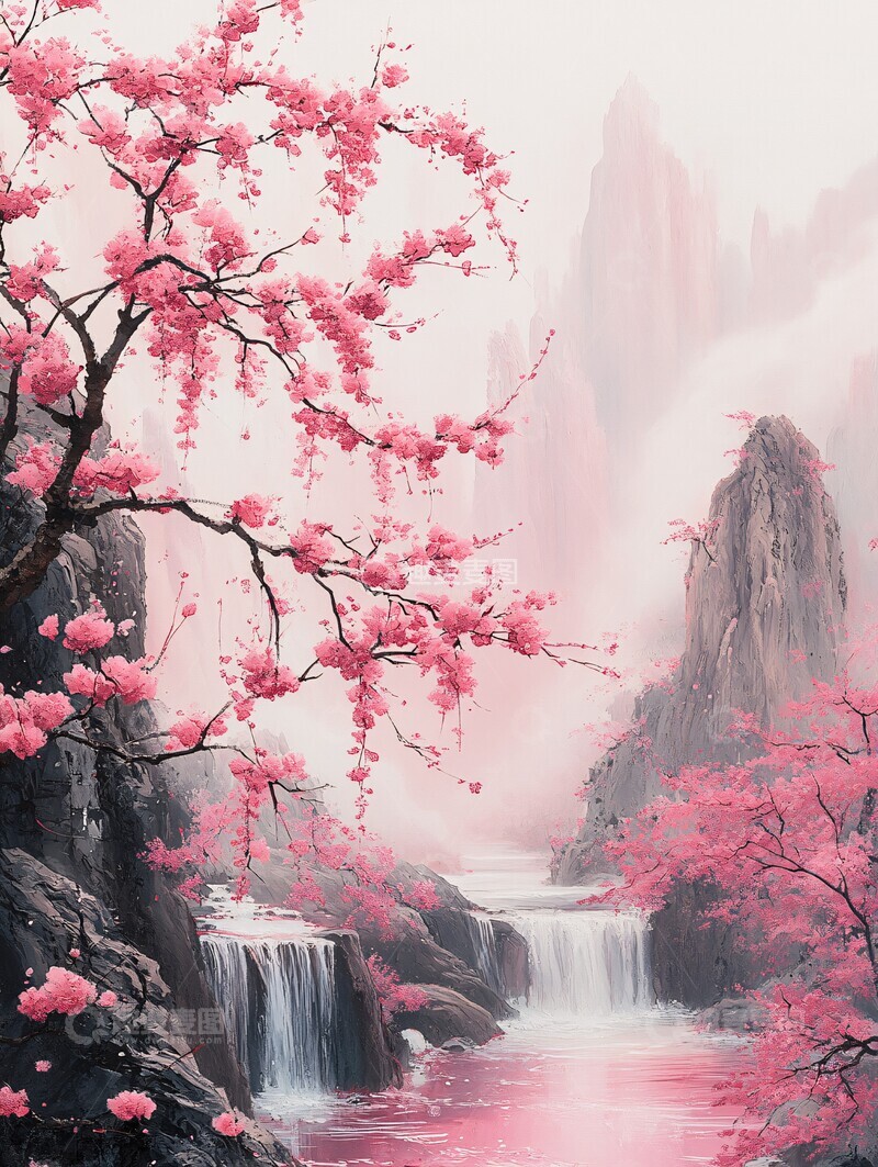 高清大图下载【趣麦麦图】山岩溪流桃花图1
