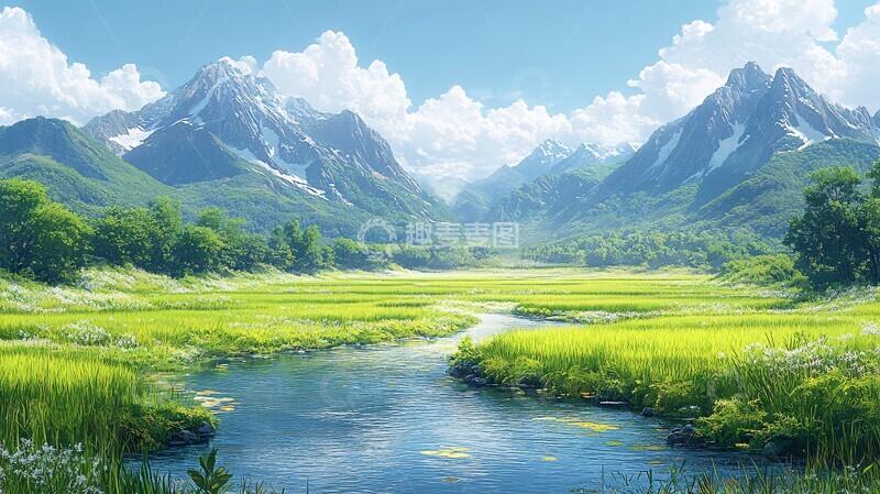 高清大图下载【趣麦麦图】山川流水稻田1